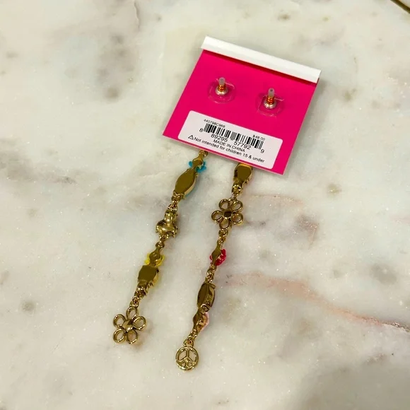 ✨NWT✨ Betsey Johnson Love Fest Colorful Floral Peace Gold Tone Dangle Earrings - Picture 7 of 7